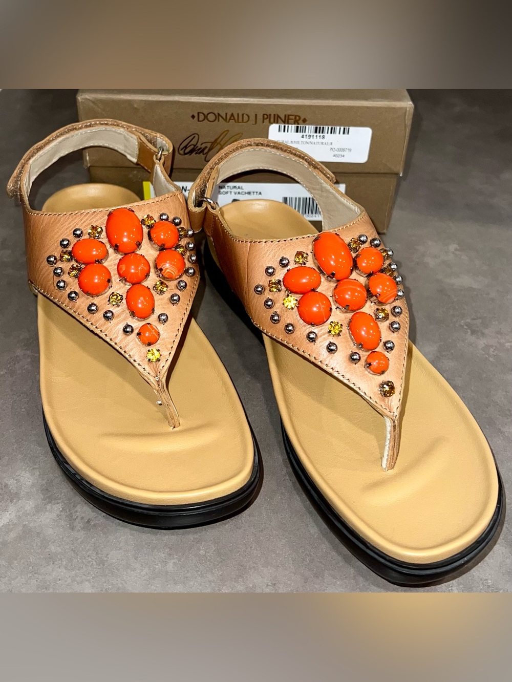 Donald J. Pliner Tan Leather Thong Sandals with Bright Orange Gem Accents